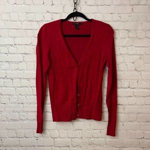 Red V-neck Cardigan Sweater H&M Basic Long Sleeve Wardrobe Staple sz 12 large